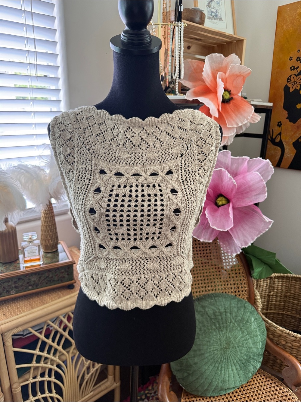 Free People Free-est Natural Crochet Cotton Linen Boho Hippie Coquette Vest Top